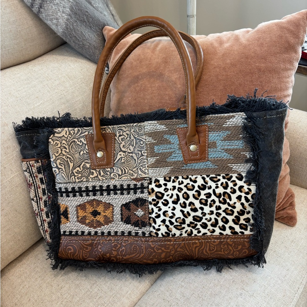 Bohemian Patchwork Tote with Leopard and Brown Accents